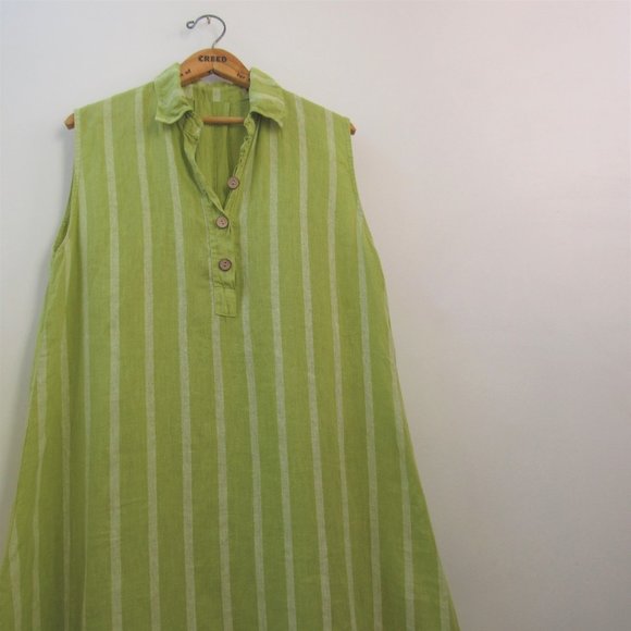 Chartreuse Green Pure Linen Midi Shirtdress - Picture 2 of 3